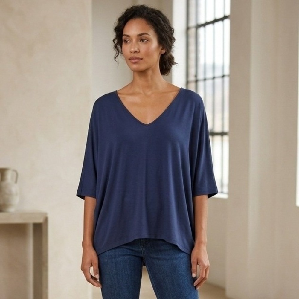 Yanak Poncho Top Womens‎ One Size Navy V-Neck Double Edge Stretch Lagenlook NWT